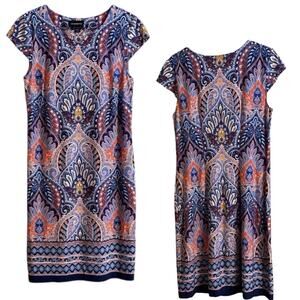 Liz Claiborne Dress Purple Multicolored Paisley Sheath Short Sleeve Travel Work